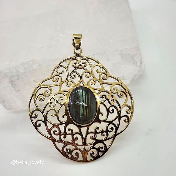 Labradorite Gold Toned Ethnic Handmade Filigree Pendant Jewelry 2.27" - Picture 6 of 6